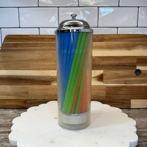 Classic Retro Soda Shop Straw Holder • Plastic with Chrome Top • Straws Included